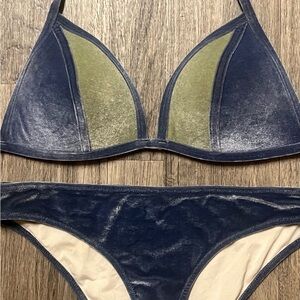 PINK Velvet Triangle Swimsuit – Padded Push-Up, Blue/Olive, Size Medium Swimwear